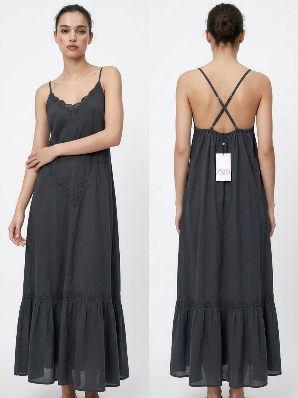 Zara Black Maxi Slip Dress with Lace Insets